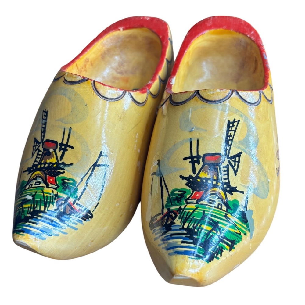 Yellow Wooden‎ Clogs Dutch Holland Windmill Scene Hand Painted Souvenir Shoes